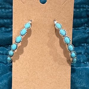 New Turquoise C Shaped Bohemian Metal Hoop Earrings. Silver Plated
